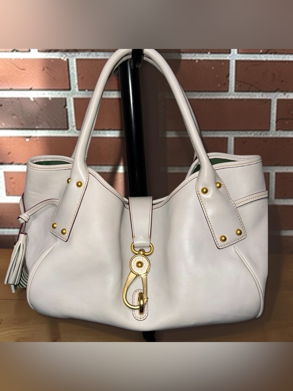 Dooney & Bourke Ecru Florentine leather logo lock satchel with Gold Hardware